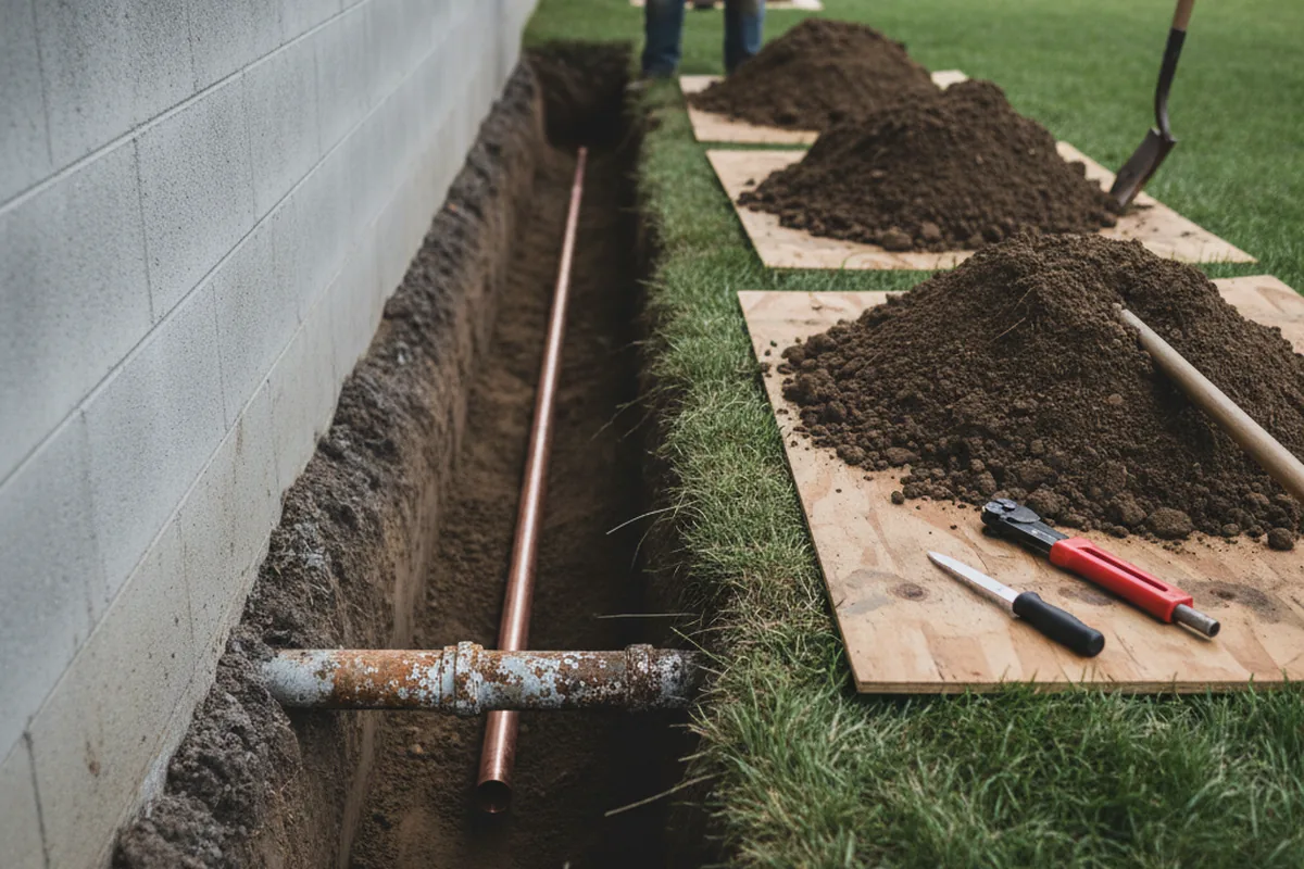 Excavated water line trench during Water Softener Installation in Salix